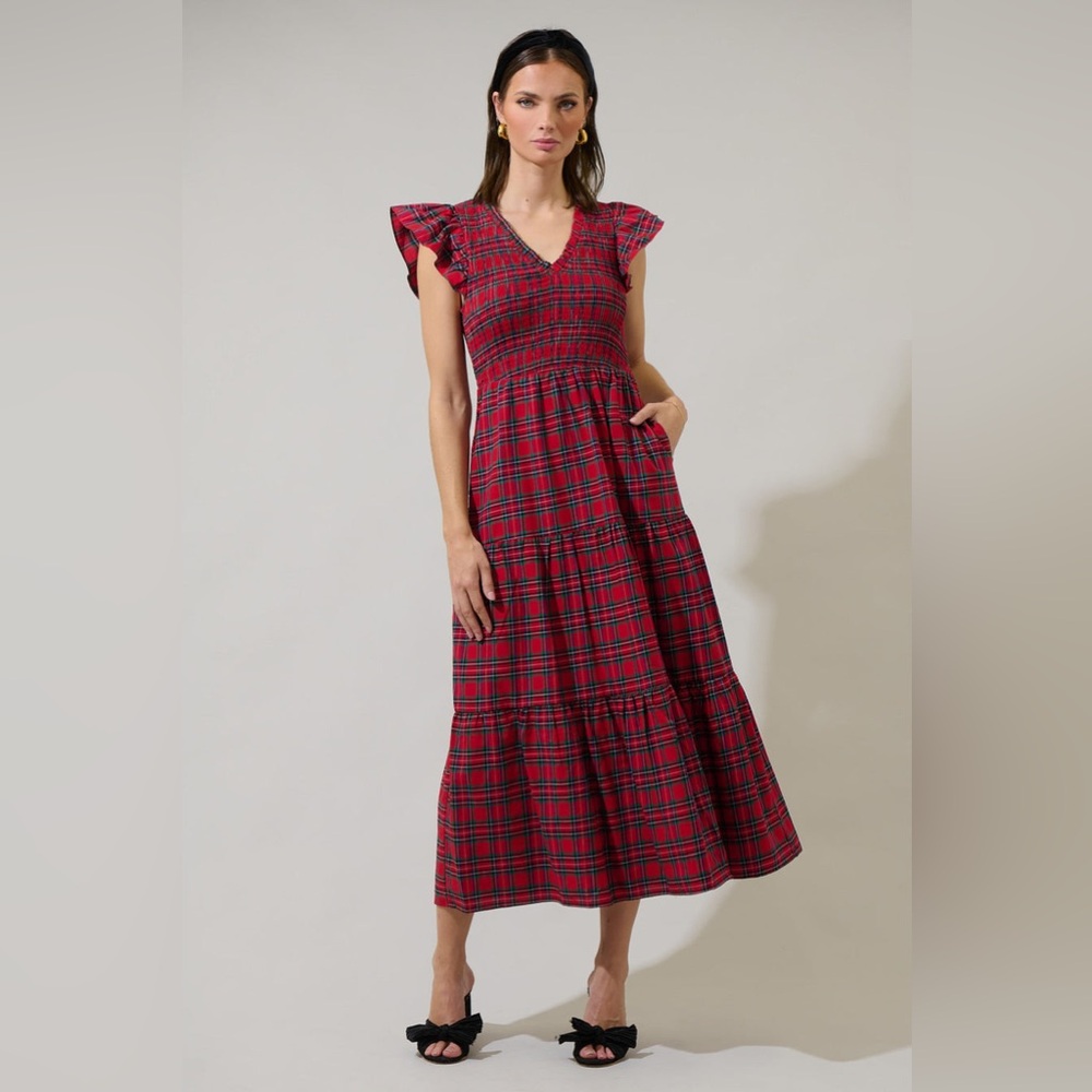 Sugarlips Arvada Plaid Sunfire Smocked Bodice Tiered Midi Dress